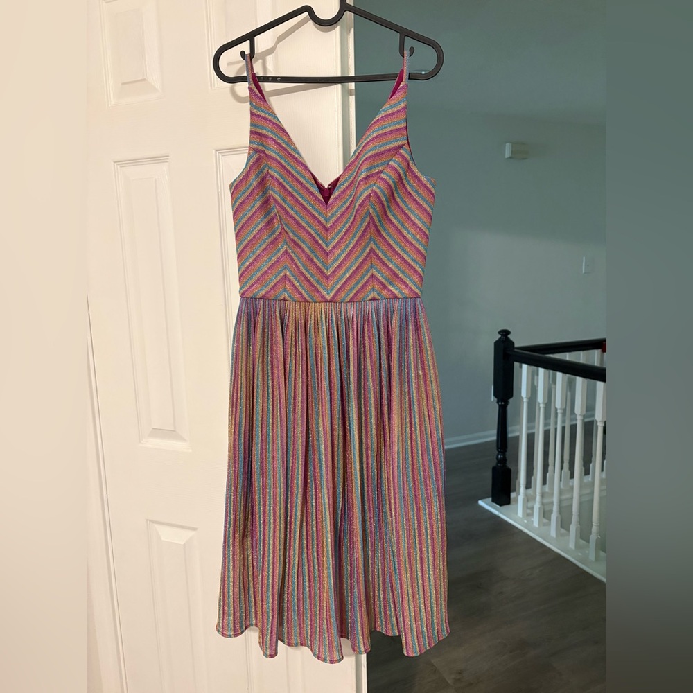 Dress the Population Pink and Blue Chevron Midi Dress